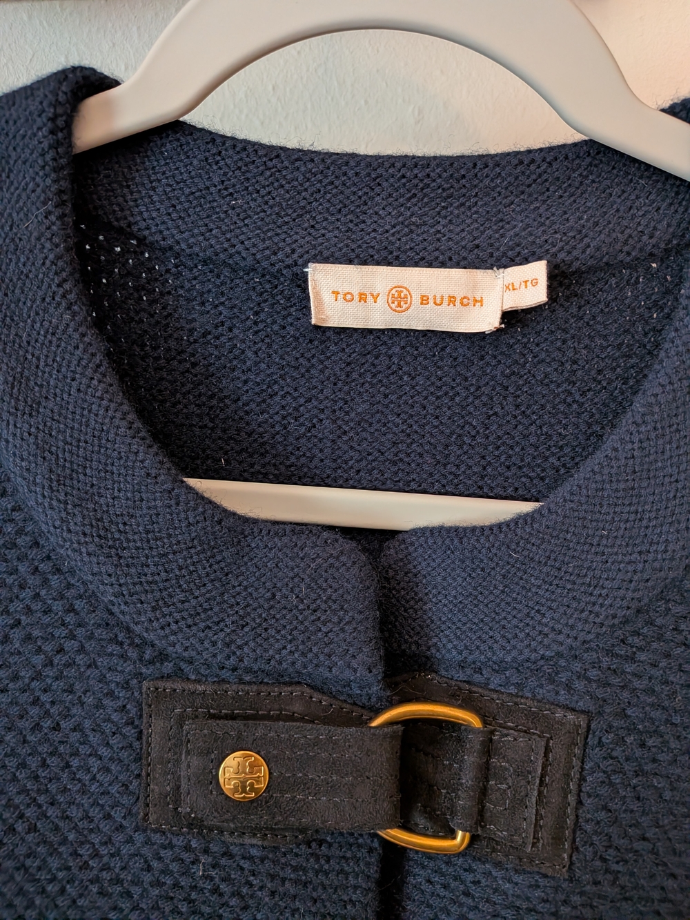 Tory Burch Navy Textured Knit Jacket Cardigan Leather Toggle Gold Hardware XL - Picture 4 of 4